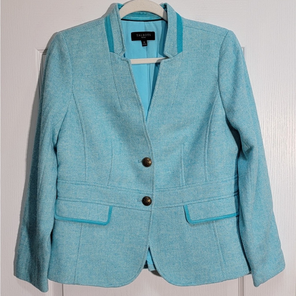 Talbots Aqua Tweed Blazer with Teal Trim